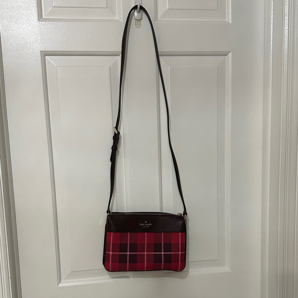 kate spade Pink Plaid Crossbody with Brown Trim matching pink wallet included